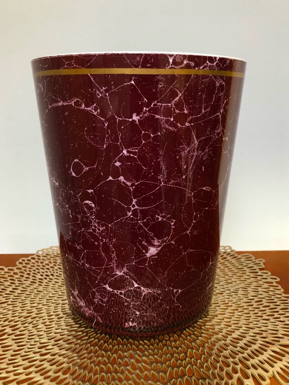 Vintage 80’s Faux Marble Waste Basket Burgundy Hard Plastic Trash Can